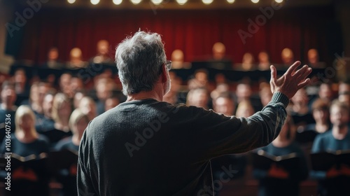 A conductor directing a choir during a rehearsal, emphasizing precision and harmony in music
