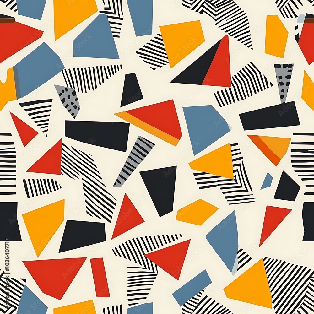 Abstract seamless pattern with colorful geometric shapes and black and white stripes. Abstract seamless pattern with colorful geometric shapes and black and white stripes.