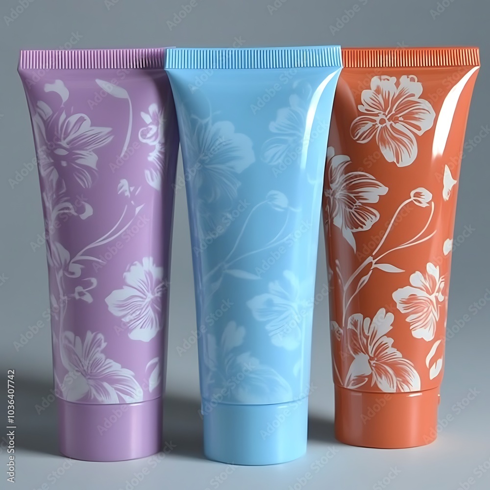 Fototapeta premium Three Floral Patterned Cosmetic Tubes.
