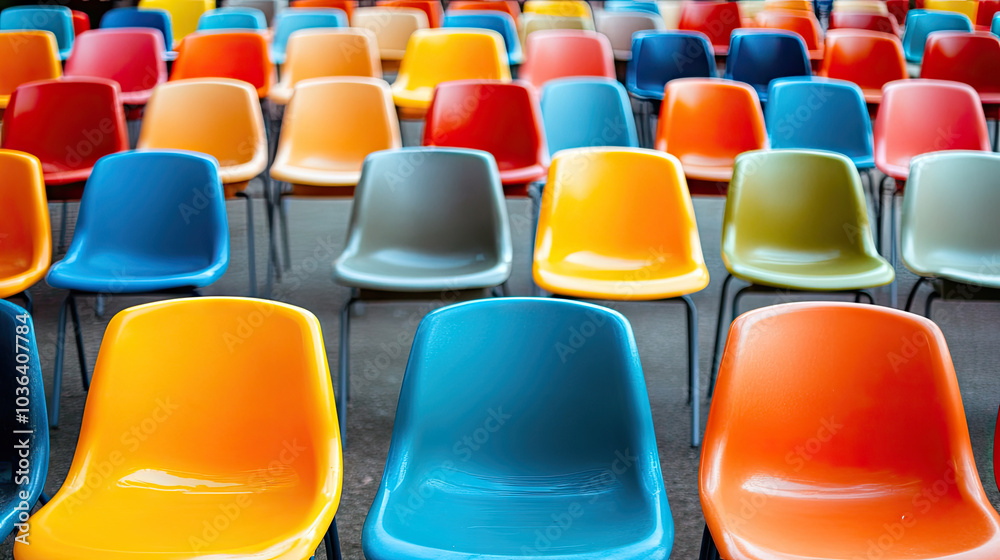 Naklejka premium A high-angle shot of plastic chairs in a stadium, neatly organized in rows. The seats are brightly colored, waiting silently for the next wave of enthusiastic fans.