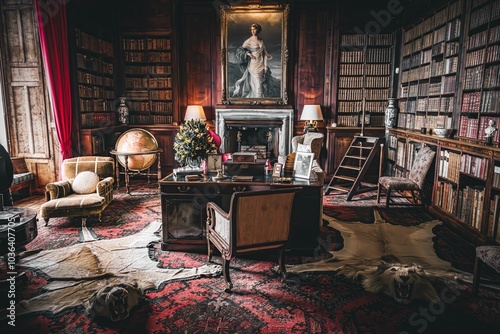 Luxurious vintage library with antique furniture in Dunborin castle