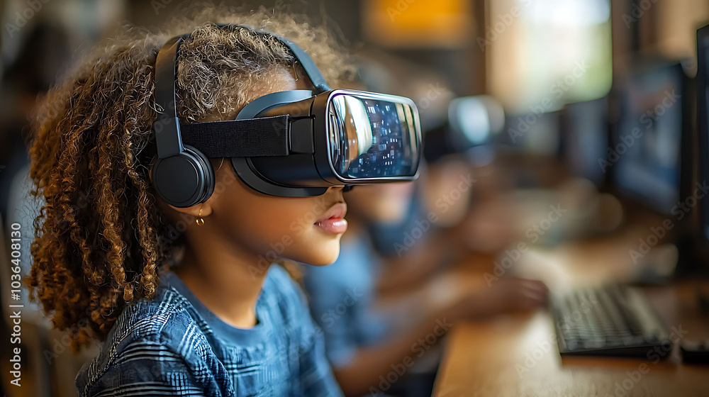 A young girl wearing a VR headset in a classroom setting, learning new technology. A young girl wearing a VR headset in a classroom setting, learning new technology.