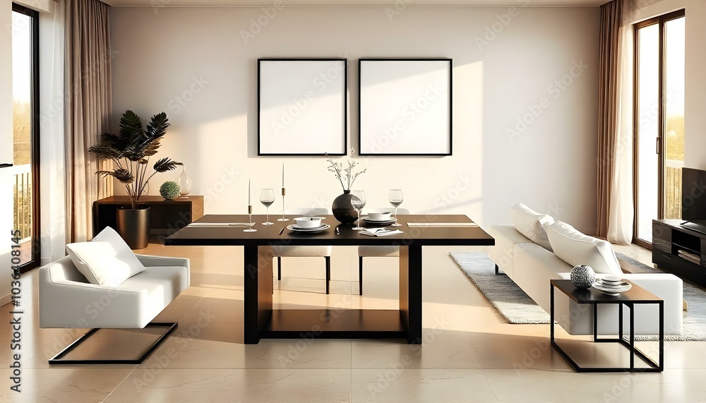 Poster frame mock up in modern home living room interior with white sofa and coffee table with decor, 3d render Poster frame mock up in modern home living room interior with white sofa and coffee table with decor, 3d render