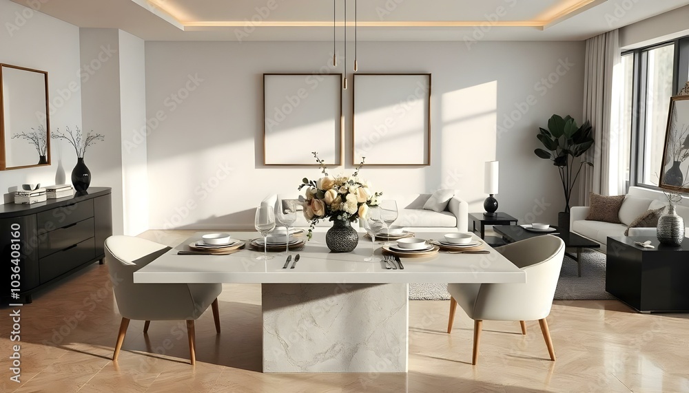 Poster frame mock up in modern home living room interior with white sofa and coffee table with decor, 3d render Poster frame mock up in modern home living room interior with white sofa and coffee table with decor, 3d render