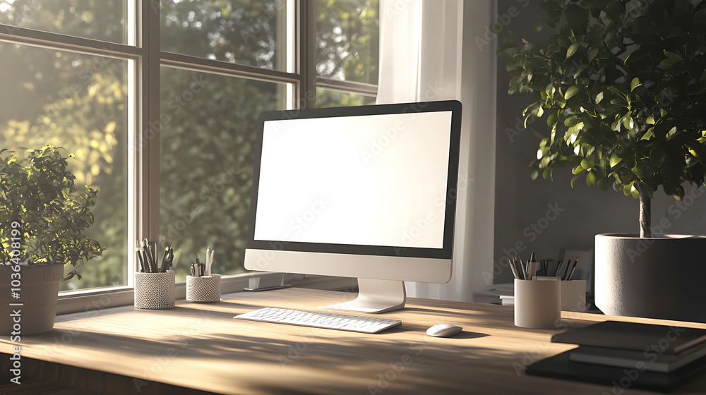 Fototapeta premium A modern computer with a blank screen sits on a desk in front of a window with a view of a garden.