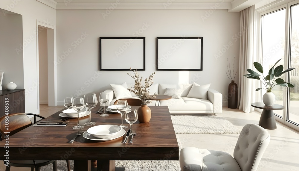 Poster frame mock up in modern home living room interior with white sofa and coffee table with decor, 3d render Poster frame mock up in modern home living room interior with white sofa and coffee table with decor, 3d render