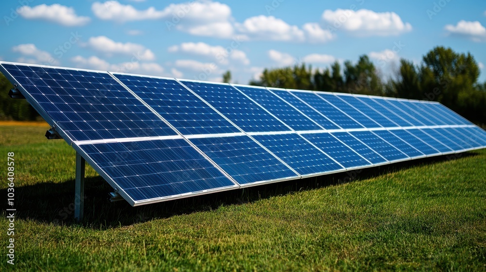 Solar Panels on Green Field Under Blue Sky with White Clouds on a Sunny Day Showcasing Renewable Energy and Sustainable Technology Solar Panels on Green Field Under Blue Sky with White Clouds on a Sunny Day Showcasing Renewable Energy and Sustainable Technology