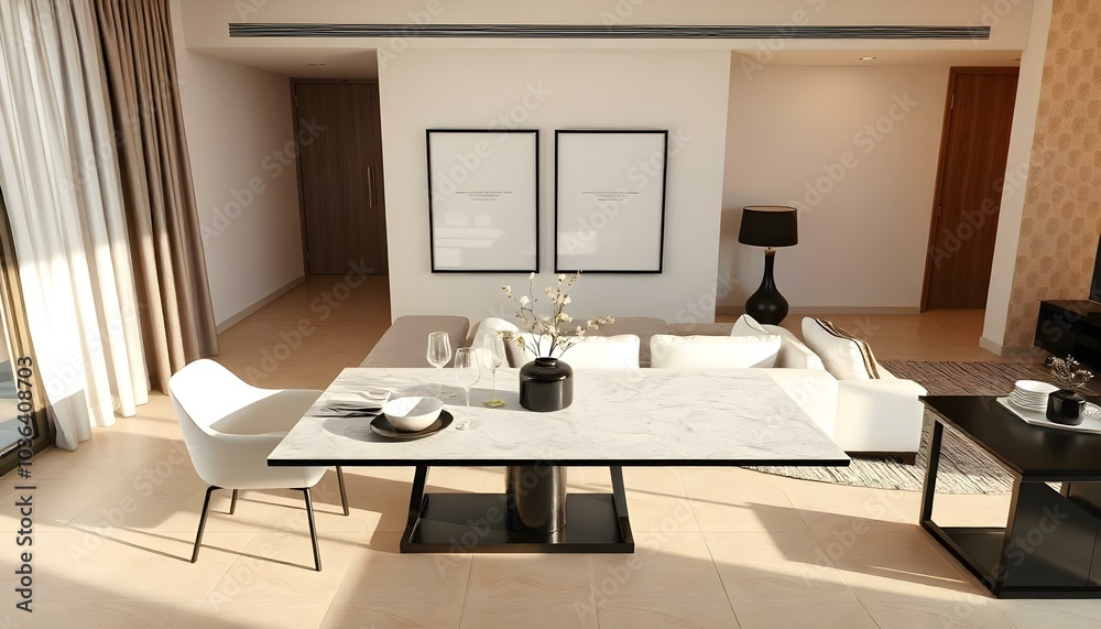 Poster frame mock up in modern home living room interior with white sofa and coffee table with decor, 3d render Poster frame mock up in modern home living room interior with white sofa and coffee table with decor, 3d render