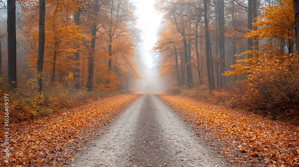 Obraz premium Serene autumn pathway through misty forest a tranquil journey amidst vibrant fall foliage and peaceful ambiance