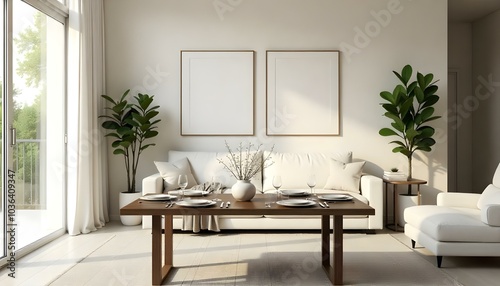 Poster frame mock up in modern home living room interior with white sofa and coffee table with decor, 3d render