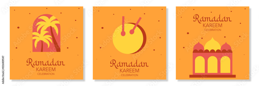Creative set of Ramadan Kareem, Eid Mubarak, Eid al Adha, and Eid al Fitr illustration with palm tree, bedug, mosque, minimal orange background for banner, cover, greeting card, poster, social media Creative set of Ramadan Kareem, Eid Mubarak, Eid al Adha, and Eid al Fitr illustration with palm tree, bedug, mosque, minimal orange background for banner, cover, greeting card, poster, social media