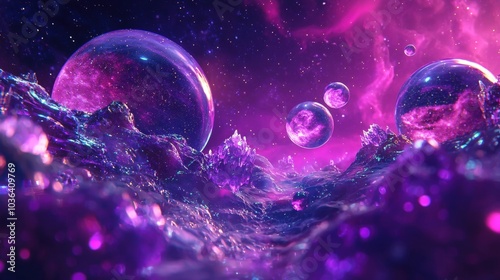 Surreal Cosmic Fantasy Landscape with Ethereal Celestial Spheres and Glowing Nebula