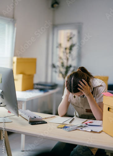 Young asian woman working in her home office is stressed out from work. She is surrounded by moving boxes and paperwork