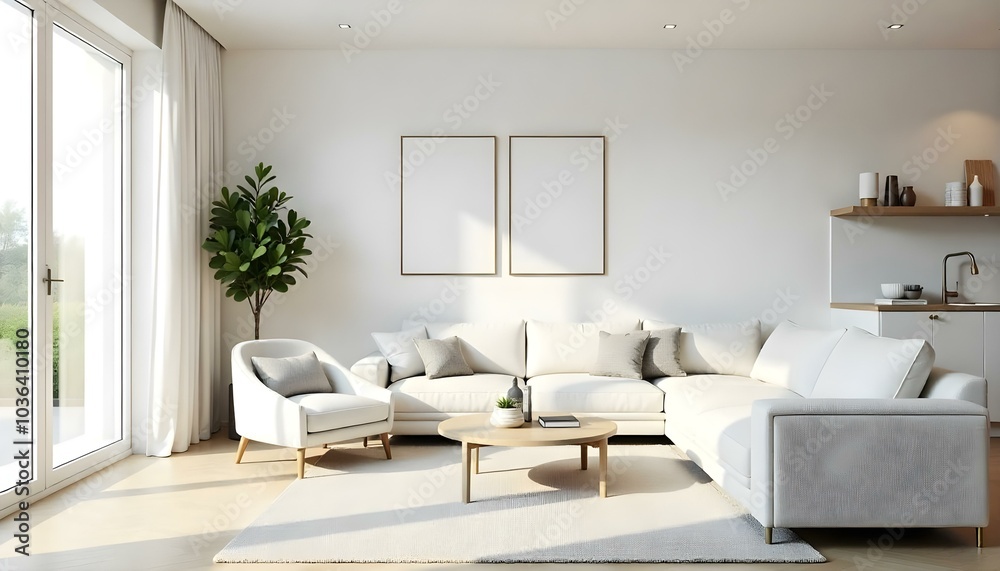 Poster frame mock up in modern home living room interior with white sofa and coffee table with decor, 3d render Poster frame mock up in modern home living room interior with white sofa and coffee table with decor, 3d render