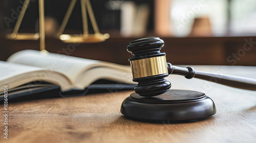 A judge's gavel striking a wooden block in a courtroom, symbolizing justice and law, with a legal book in the background. --chaos photo