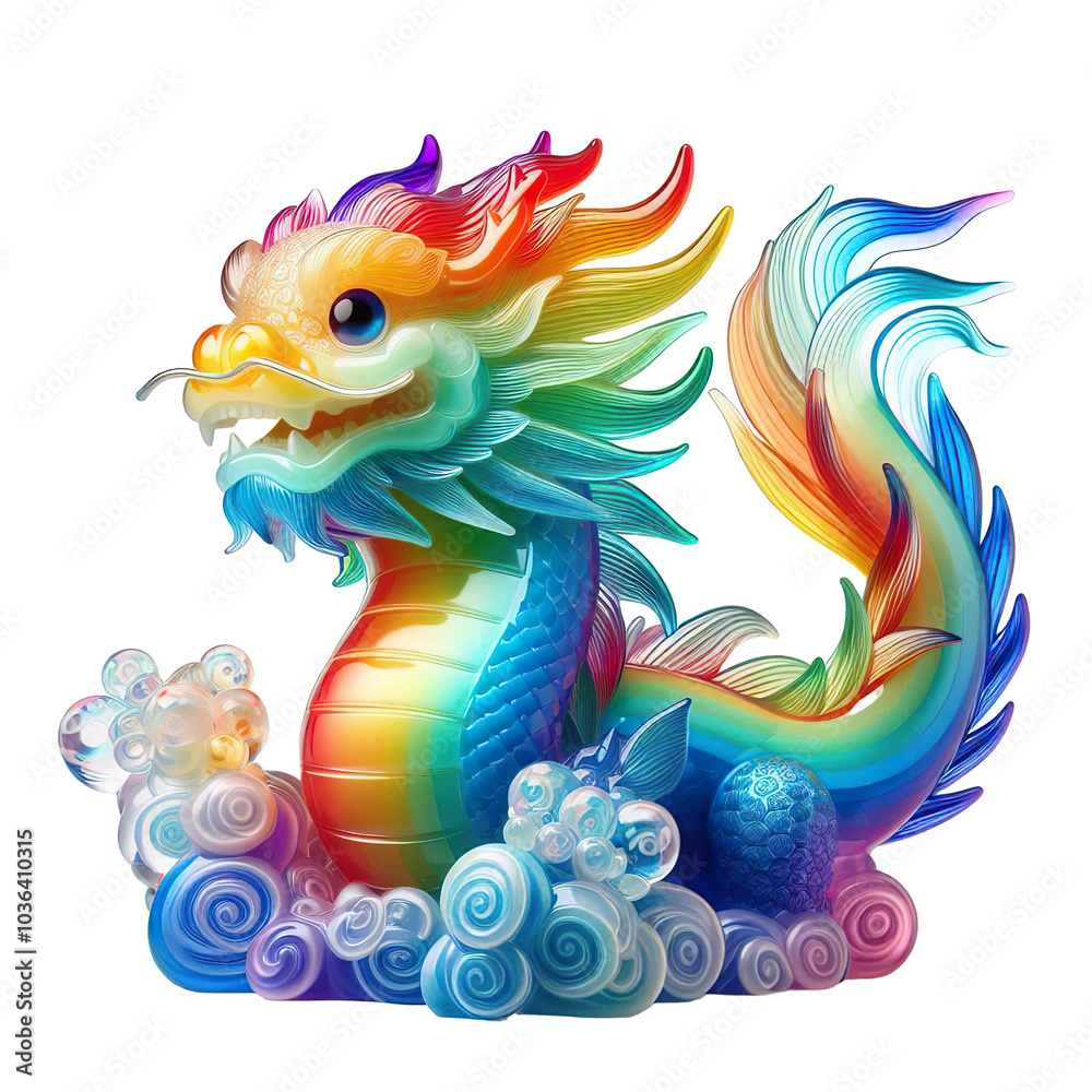 Obraz premium A glass sculpture of a beautiful chinese cute dragon, gradient of rainbow colors isolated on white background PNG