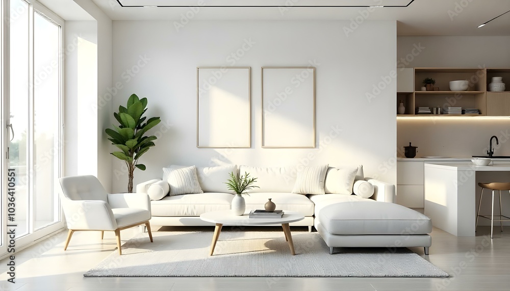 Poster frame mock up in modern home living room interior with white sofa and coffee table with decor, 3d render Poster frame mock up in modern home living room interior with white sofa and coffee table with decor, 3d render