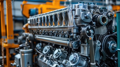 A close-up of a diesel engine being inspected by a technician, illustrating technology and engineering