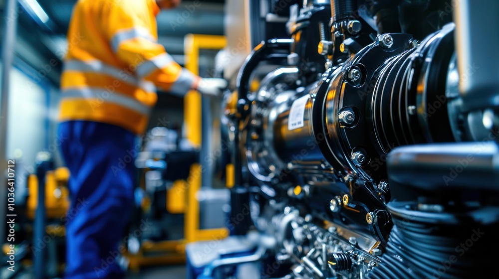 Fototapeta premium A close-up of a diesel engine being inspected by a technician, illustrating technology and engineering