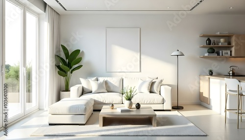 Poster frame mock up in modern home living room interior with white sofa and coffee table with decor, 3d render