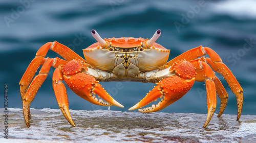 A live snow crab on a fishing boat, freshly caught and still dripping with seawater, set against the ocean background. --chaos