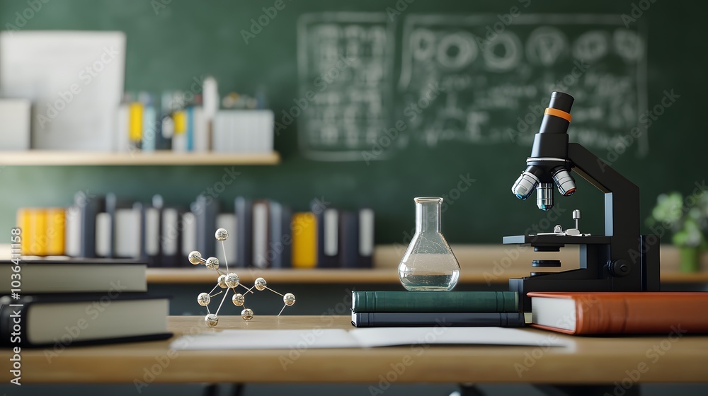 A Microscope, Beaker, and Molecular Model on a Wooden Desk in a Classroom Setting A Microscope, Beaker, and Molecular Model on a Wooden Desk in a Classroom Setting