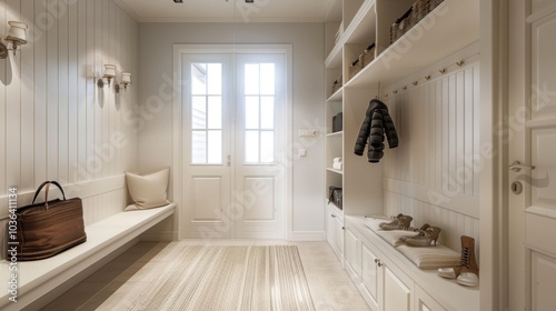 Minimalist mudroom, soft lighting