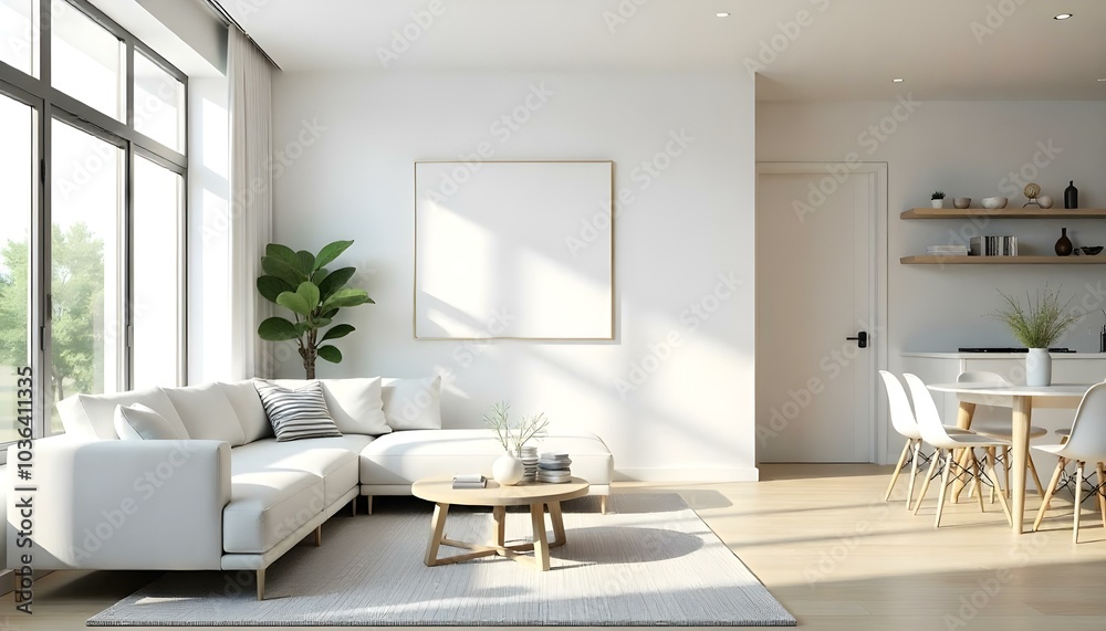 Poster frame mock up in modern home living room interior with white sofa and coffee table with decor, 3d render