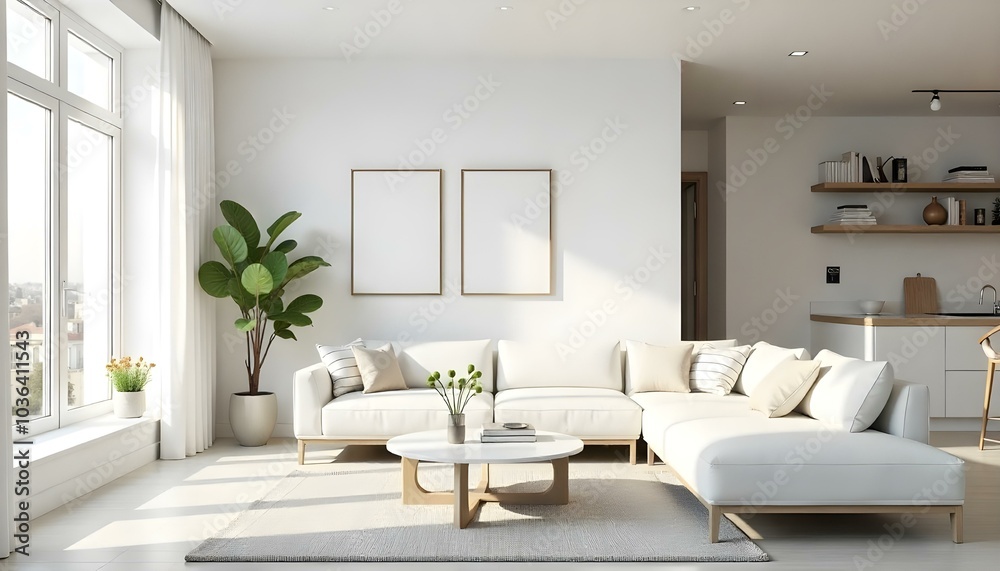 Poster frame mock up in modern home living room interior with white sofa and coffee table with decor, 3d render Poster frame mock up in modern home living room interior with white sofa and coffee table with decor, 3d render
