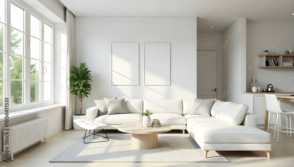 Poster frame mock up in modern home living room interior with white sofa and coffee table with decor, 3d render Poster frame mock up in modern home living room interior with white sofa and coffee table with decor, 3d render