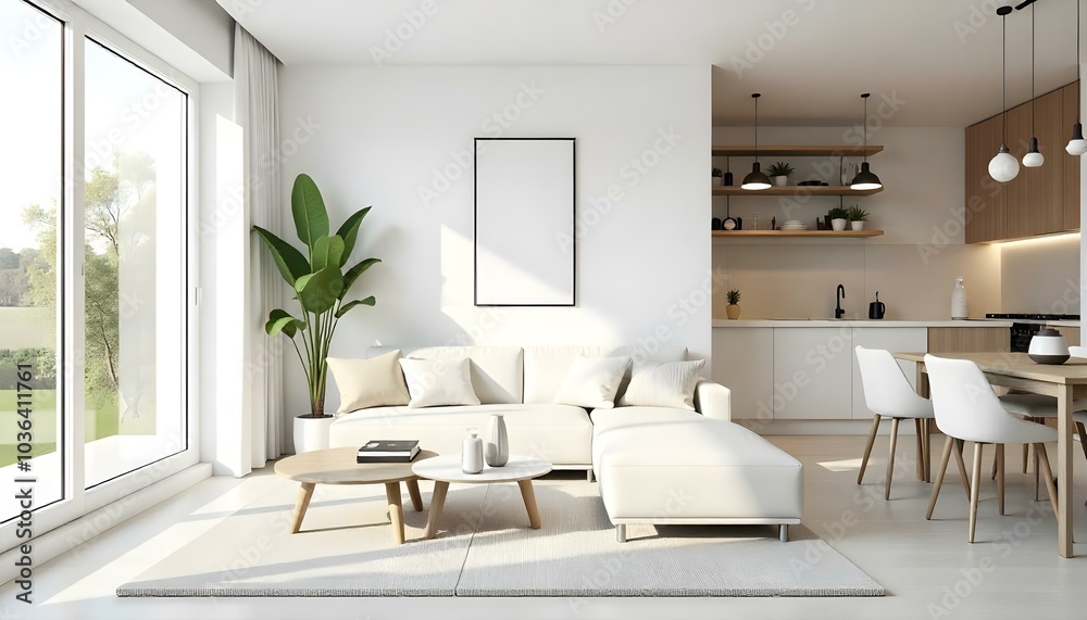 Poster frame mock up in modern home living room interior with white sofa and coffee table with decor, 3d render Poster frame mock up in modern home living room interior with white sofa and coffee table with decor, 3d render