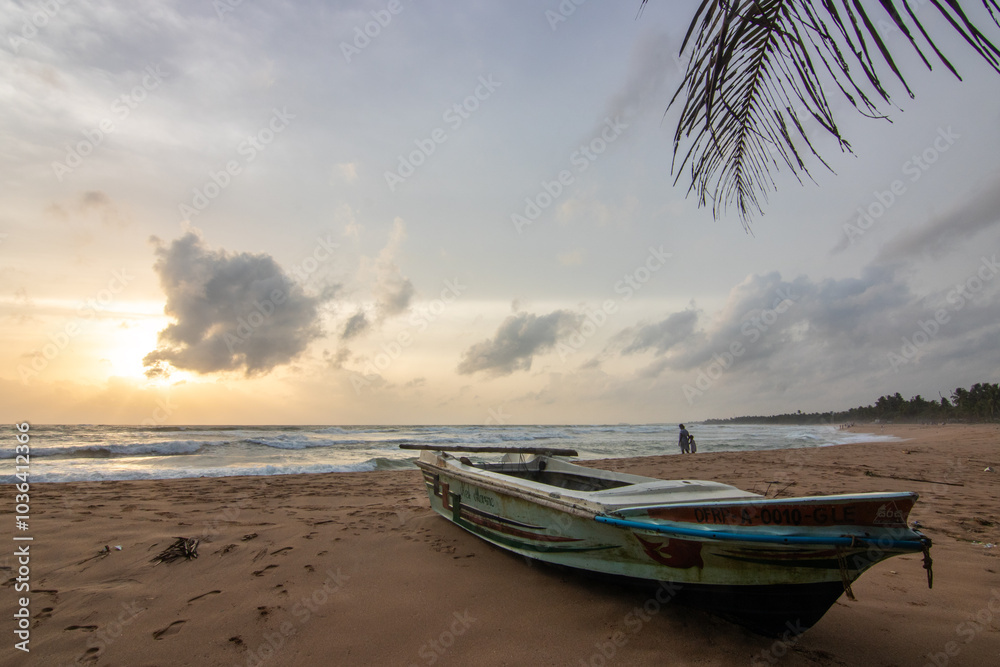 Landscape by the sea and sandy beach. A palm tree juts into the picture and gives a special touch to the sunset on the beach in Bentota, Sri Lanka, Asia Landscape by the sea and sandy beach. A palm tree juts into the picture and gives a special touch to the sunset on the beach in Bentota, Sri Lanka, Asia