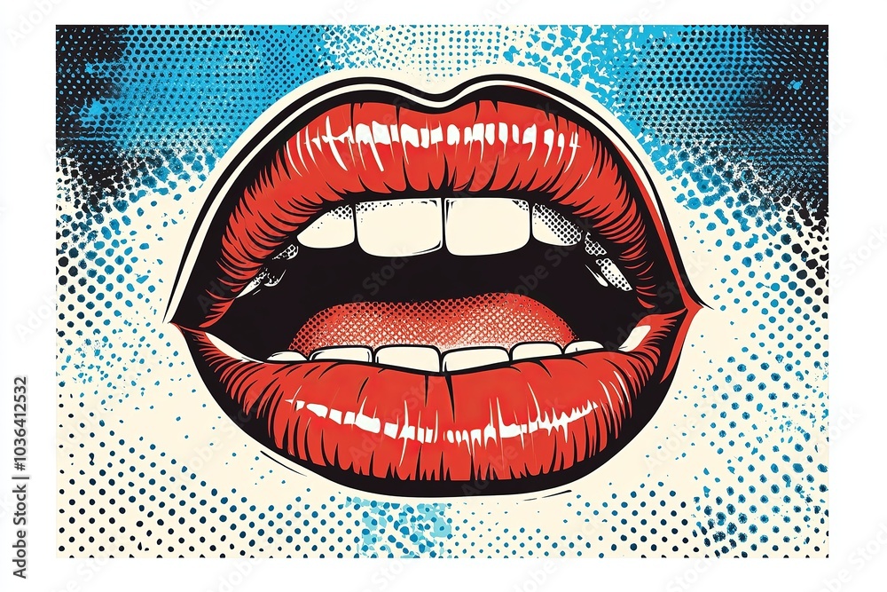 comic book-style pop art woman's red lips with white teeth, with red and blue halftone dots in the background comic book-style pop art woman's red lips with white teeth, with red and blue halftone dots in the background