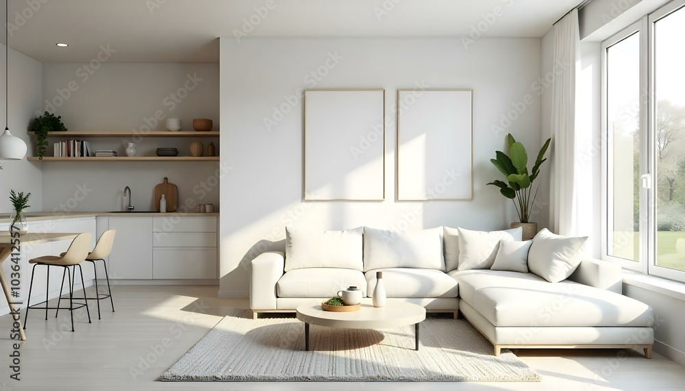 Poster frame mock up in modern home living room interior with white sofa and coffee table with decor, 3d render Poster frame mock up in modern home living room interior with white sofa and coffee table with decor, 3d render