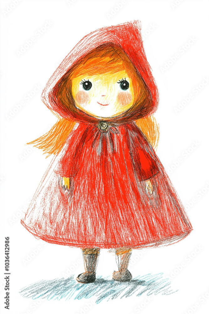 Vector illustration of a girl character in a red dress and hat drawn with colored chalk on white paper. Drawn on a white background.