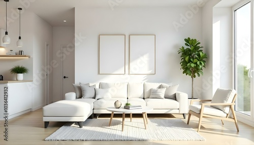 Poster frame mock up in modern home living room interior with white sofa and coffee table with decor, 3d render