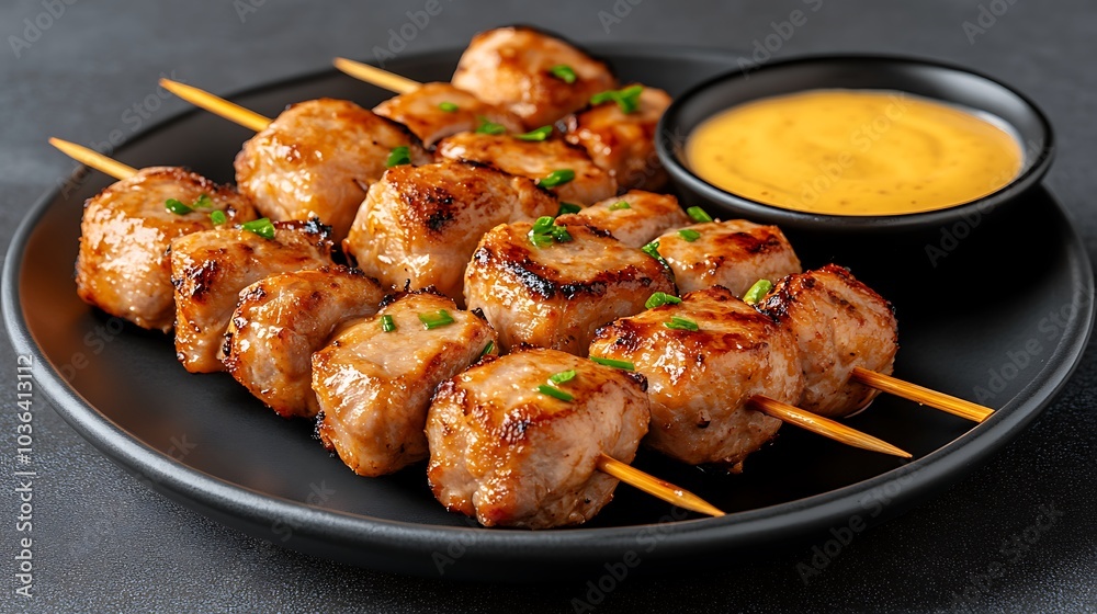 Delicious grilled skewers savory meat on sticks served with a creamy dipping sauce for a flavorful experience Delicious grilled skewers savory meat on sticks served with a creamy dipping sauce for a flavorful experience