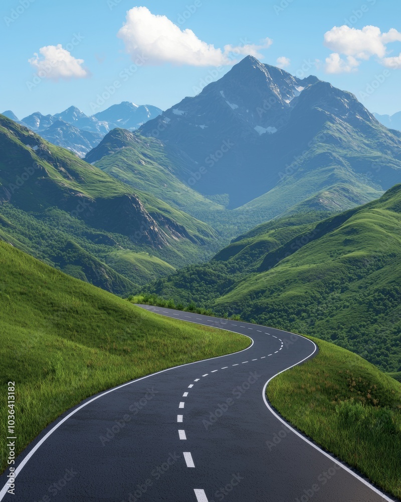 Naklejka premium Serene Mountain Road Under Clear Blue Sky