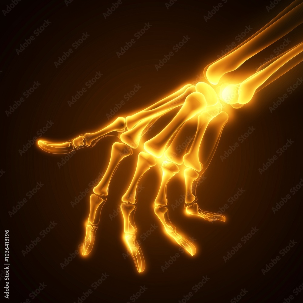 Radiant Human Hand Skeleton in Glowing Orange Light