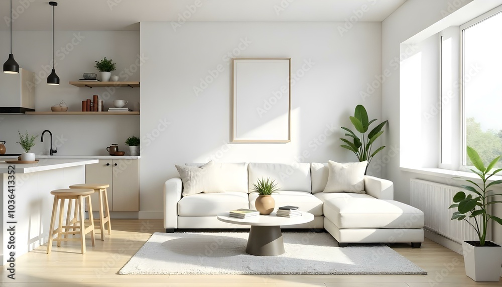 Poster frame mock up in modern home living room interior with white sofa and coffee table with decor, 3d render Poster frame mock up in modern home living room interior with white sofa and coffee table with decor, 3d render