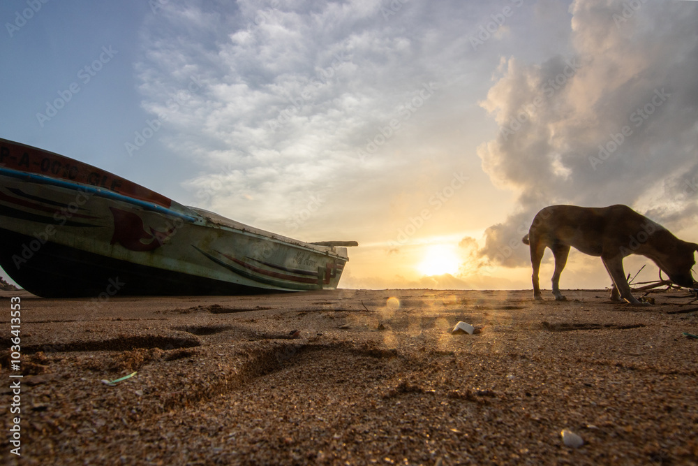 Landscape by the sea and sandy beach. A boat lies in the sand and gives the picture a special touch in the sunset. Storm in Bentota, Sri Lanka, Asia Landscape by the sea and sandy beach. A boat lies in the sand and gives the picture a special touch in the sunset. Storm in Bentota, Sri Lanka, Asia