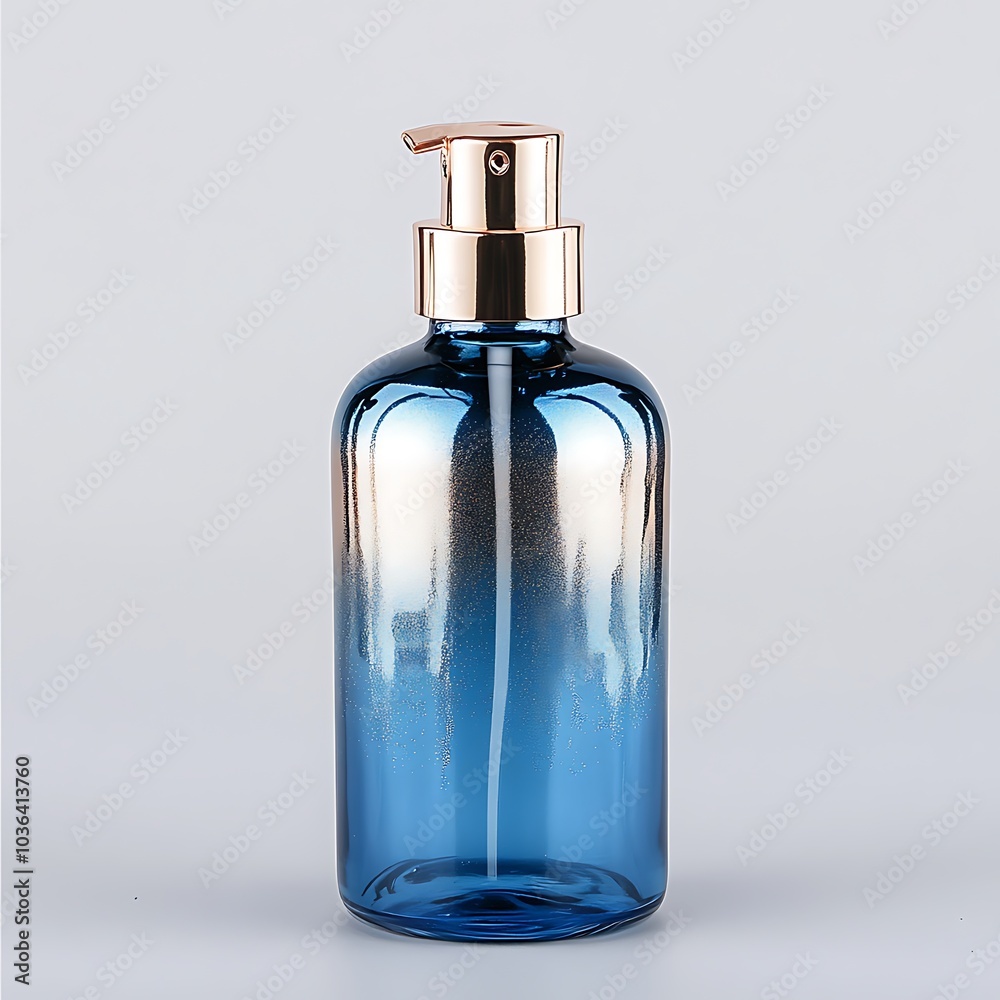 Blue Glass Bottle with Gold Pump Dispenser. Blue Glass Bottle with Gold Pump Dispenser.