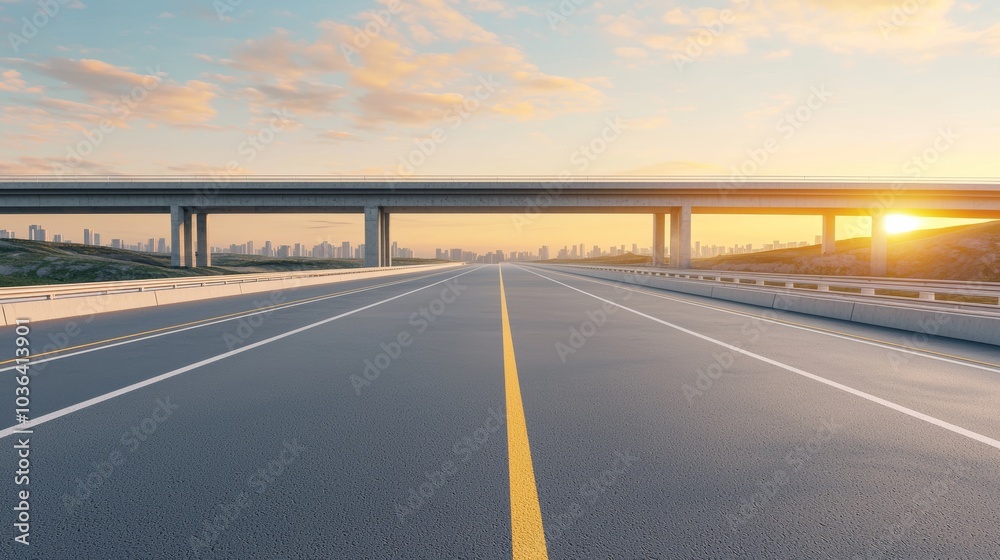 Fototapeta premium Sunset Over Open Highway with Urban Skyline View