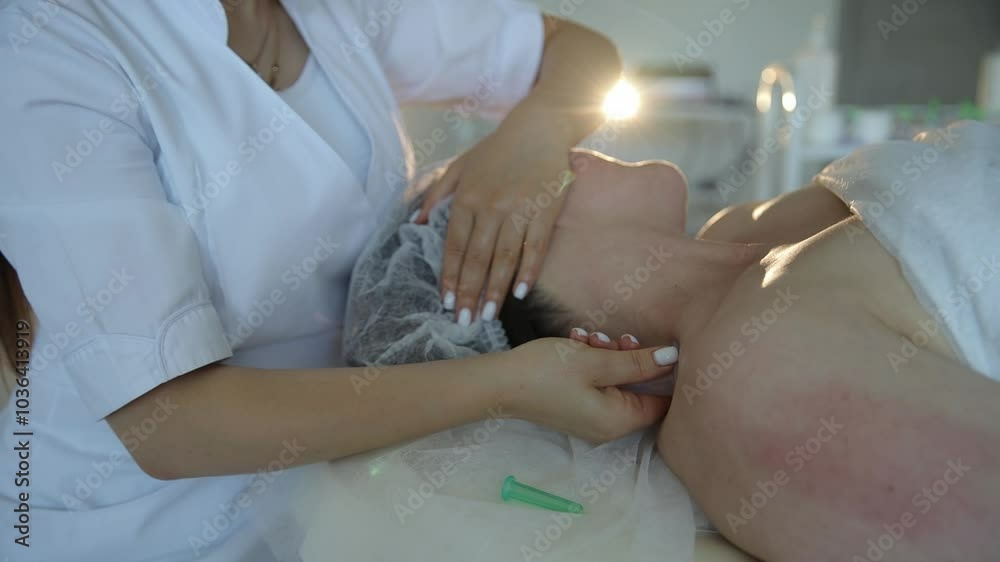 Close-up of a female rehabilitator massaging her client's neck. Close-up of a female rehabilitator massaging her client's neck.