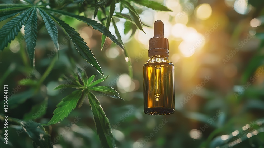 CBD Oil Dropper Bottle with Cannabis Leaves in Sunlight CBD Oil Dropper Bottle with Cannabis Leaves in Sunlight