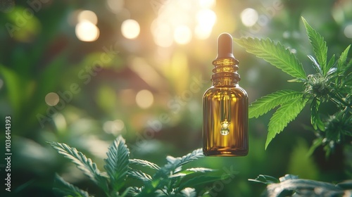 CBD Oil Dropper Bottle with Cannabis Plant photo