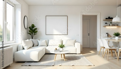 Poster frame mock up in modern home living room interior with white sofa and coffee table with decor, 3d render