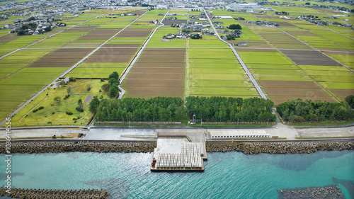 Offshore wind turbines, breakwaters, windbreak forests, etc. on the coastline facing Toyama Bay in Japan photo