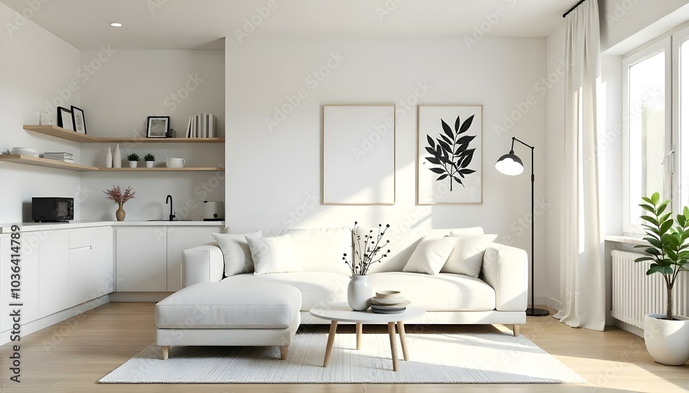Poster frame mock up in modern home living room interior with white sofa and coffee table with decor, 3d render Poster frame mock up in modern home living room interior with white sofa and coffee table with decor, 3d render