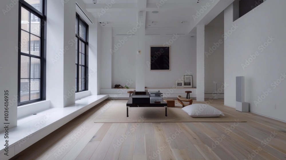 Fototapeta premium Minimalist studio apartment, soft lighting